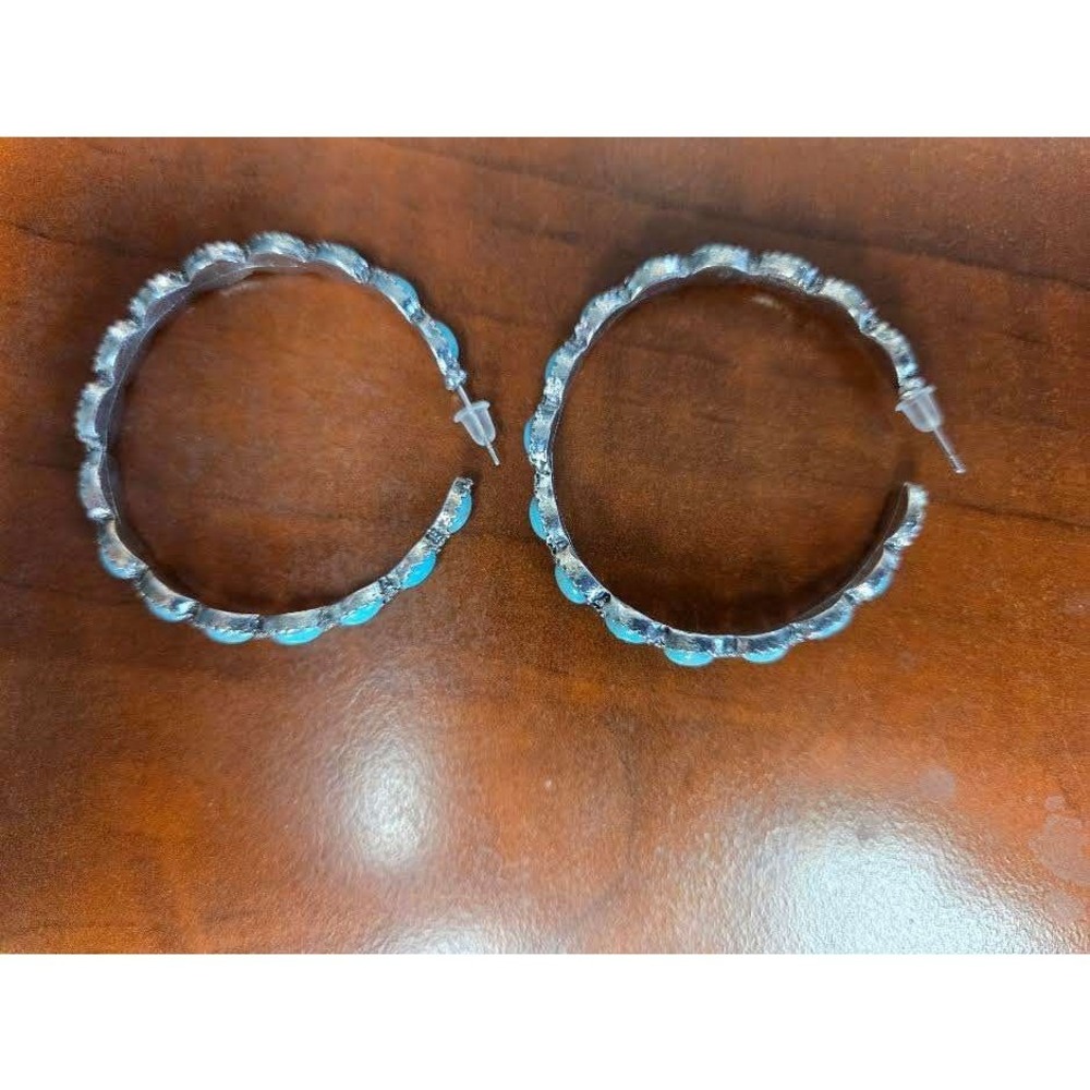 Silver Tone Faux Turquoise Scalloped Hoop Earrings Southwestern Boho Large